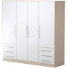 Armoire 4 portes battantes + 6 tiroirs- Bois aggloméré - Chene et blanc - L 206 x P 60 x H 200 cm - JUPITER