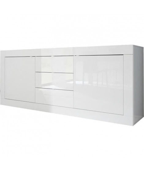 Buffet BASICO 2 Portes 3 Tiroirs Blanc Laqué brillant  - L210xP42xH85,8 cm