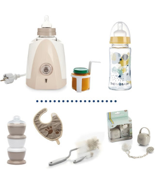 Chauffe biberon + Biberon verre 230ml + Goupillon biberon + Boîte doseuse de lait + Bavoir + Coffret Boîte a sucettes