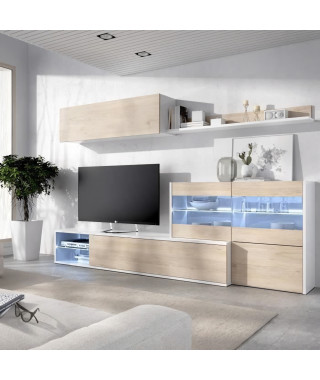 Ensemble meuble séjour living avec vitrine LED - Décor chene et blanc - L 260 x P 41 x H 180 cm - UMA