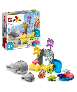 LEGO 10972 DUPLO Animaux Sauvages de l'Océan, Jouet des 2 Ans, 2 Figurines de Baleines, Tortue et Poisson, Tapis de Jeu