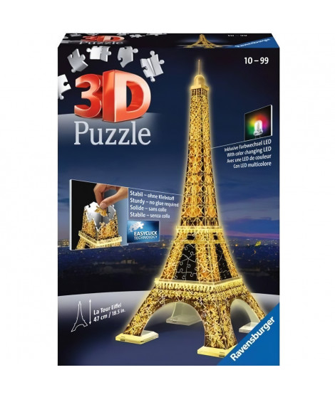 Puzzle 3D Tour Eiffel illuminée - Ravensburger - 216 pieces - sans colle - avec LEDS couleur - Des 10 ans