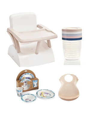 Rehausseur de chaise pour enfant + Boîtes de conservation + Coffret vaisselle micro-ondes + Bavoir semi-rigide