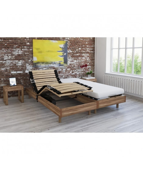 Ensemble relaxation TALCA matelas + sommiers électriques décor chene clair 2x70x190 - Mousse - 14 cm - Ferme