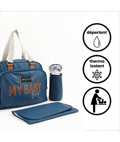 Sac a langer quotidien BABY ON BOARD SIMPLY BABYBAG - Bleu océan - Grande Capacité - Matelas et Porte Biberon Isotherme