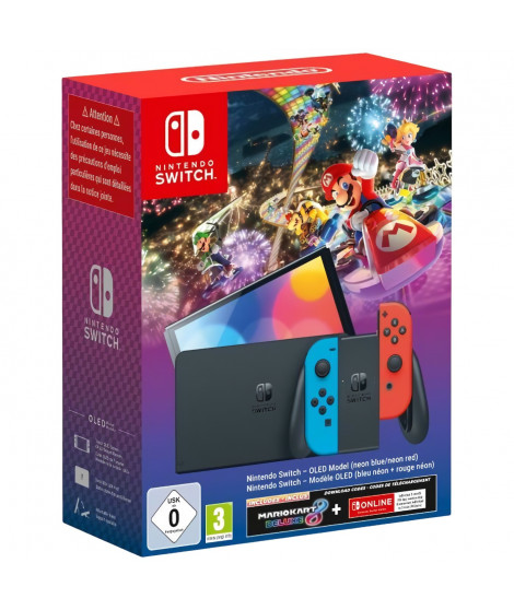 Console Nintendo Switch - Modele OLED  Bleu Néon & Rouge Néon + Mario Kart 8 Deluxe (Code) + 3 mois d'abonnement NSO (Code)