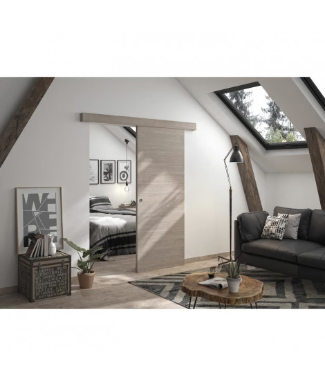 OPTIMUM - Kit porte coulissante + rail + bandeau Vérone - H.204xL.83xP.4 cm - Chene taupe