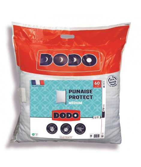 Oreiller médium DODO 60x60 cm - Protection anti punaise, anti acarien - 550 gr - Blanc - Fabriqué en France