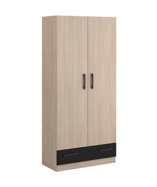 PARISOT Armoire 2 portes battantes + 1 tiroir - Panneaux de particules - Décor chene et noir - L 78 cm x P 38 cm x H 170 cm -…