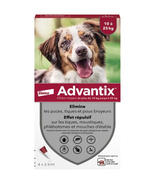 Advantix Chien Solution Antiparasitaire Race Moyenne 10 a 25kg 4 pipettes