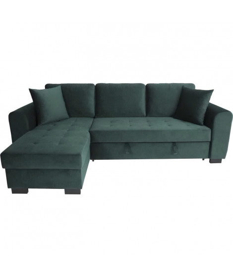 Canapé d'angle convertible HAMILTON 4 places - Tissu velours vert - L 245 x P 140 x H 86 - Coffre de rangement