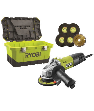 Meuleuse d'angle RYOBI 800W 125mm - 1 disque diamant - 5 disques a ébarber - Toolbox RAG800-125TA6