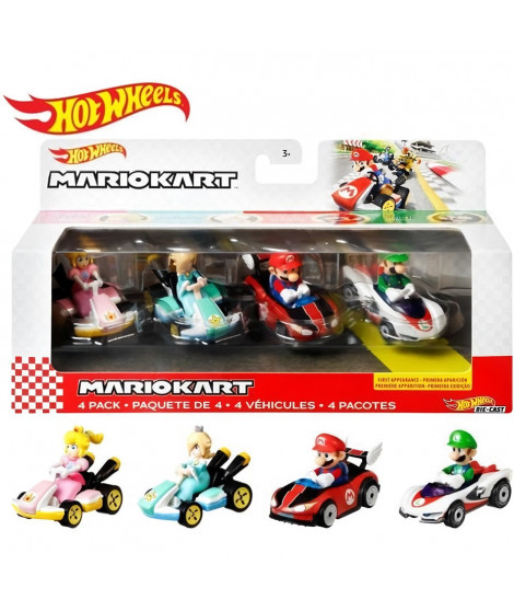 Hot Wheels Coffrets 4 véhicules Mario Kart (modele aléatoire) - Petites Voitures - Des 3 ans