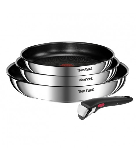 TEFAL INGENIO Lot de 4 pieces, Poeles 22/24/28 cm + poignée amovible, Acier inoxydable, Revetement antiadhésif, Emotion L897S404