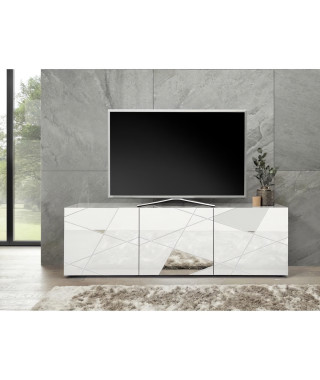 Meuble TV - Blanc laqué brillant avec sérigraphie miroir - L181 x P43 x H57 cm - VICTORY