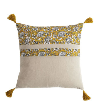 Coussin Udaipur a pompons - Jaune - 100% coton - 40 x 40 cm - DEKO