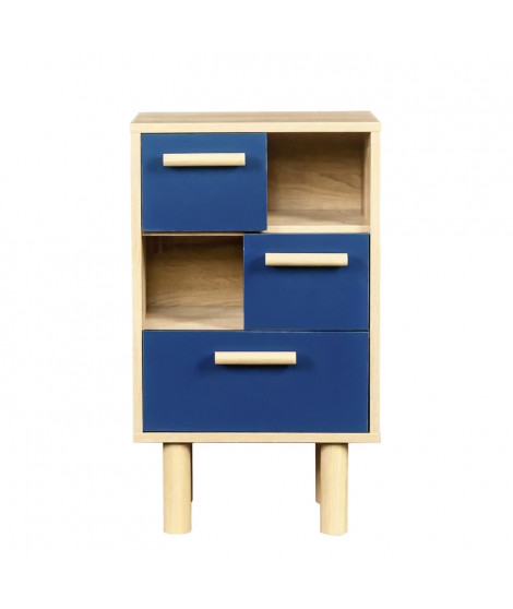 Table de chevet LILA avec 3 tiroirs et 2 niches - Chene/bleu - Style contemporain - MDF - L40 x P24 x H67 cm