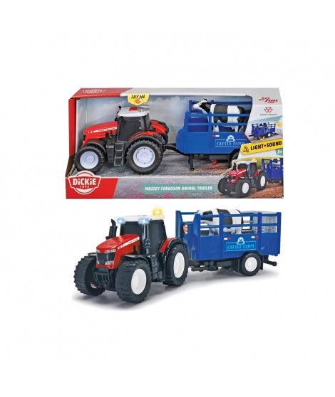 Tracteur Massey Ferguson - Dickie - 26cm - Roues libres, remorque, son et lumiere - Des 3 ans