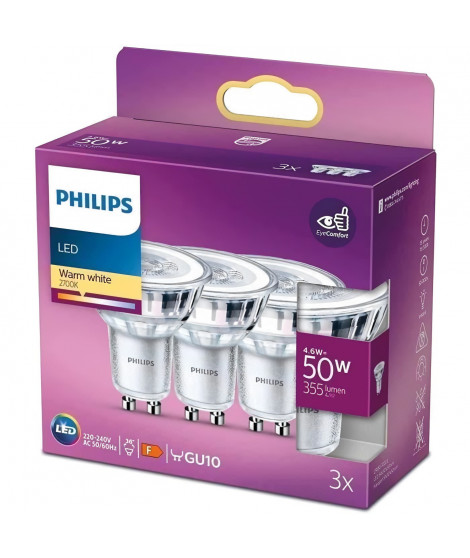 Philips, pack de 3 ampoules GU10 LED 50W, blanc chaud