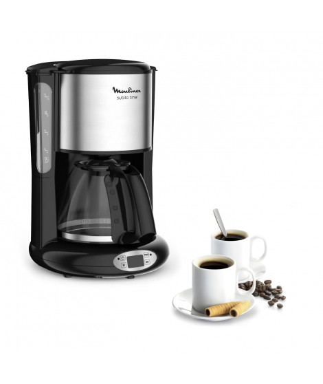 MOULINEX Cafetiere filtre, Programmation 24 heures, Capacité de 1,25 L, 10 a 15 tasses, Anti-gouttes, Subito noir/inox FG362810