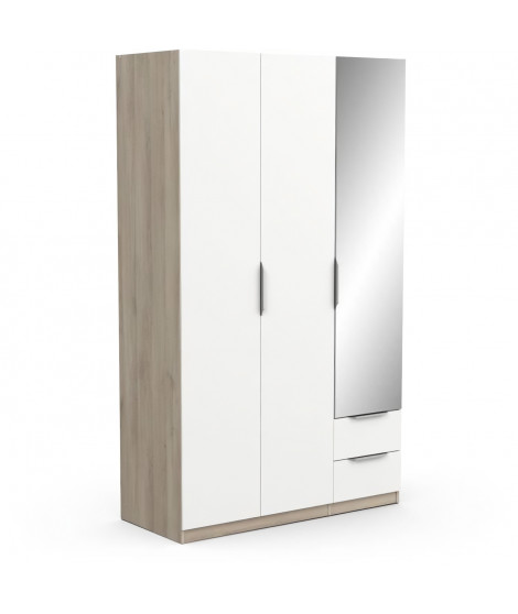 Armoire GHOST - Décor chene kronberg et blanc mat - 3 Portes + 2 Tiroirs + 1 miroir - L.119,4 x P.51,1 x H.203 cm - DEMEYERE