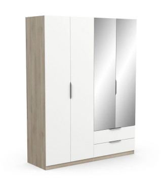 Armoire GHOST - Décor chene kronberg et blanc mat - 4 Portes + 2 Tiroirs - 2 miroirs - L.157,3 x P.51,1 x H.203 cm - DEMEYERE