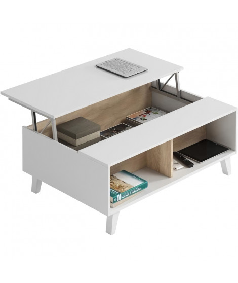 Table basse Relevable - Scandinave - Décor chene et blanc - L 100 x P68 x H 38 cm -  ZAIKEN