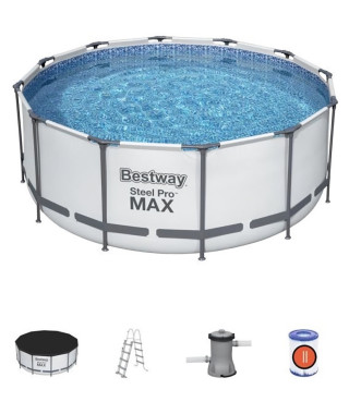 Kit Piscine hors sol tubulaire BESTWAY Steel Pro Max - 366 x 122 cm - Ronde (Livrée avec un filtre a cartouche, échelle, bâche)