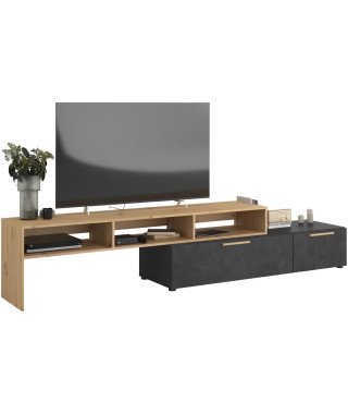 Meuble TV RAW - Décor chene et Steam Black - 1 abattant + 1 tiroir - 4 modulations au choix - L250 x H 50 x P 46.6 cm