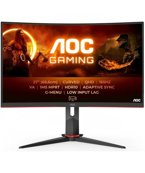 Ecran PC Gamer Incurvé  - AOC - CQ27G2S/BK - 27 VA QHD 1ms 144Hz HDMI DisplayPort USB HP Pivot Réglable en hauteur Freesync P…