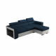 ROBBIE Canapé d'angle convertible + coffre de rangement - Simili Blanc et tissu bleu - L 257 x P 162 x H 74/94 cm