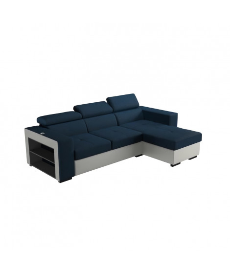 ROBBIE Canapé d'angle convertible + coffre de rangement - Simili Blanc et tissu bleu - L 257 x P 162 x H 74/94 cm