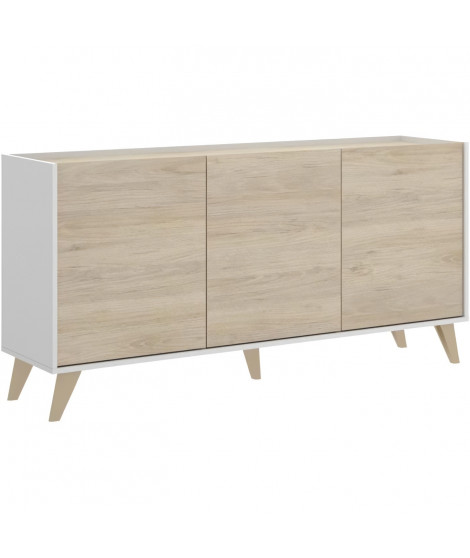 Buffet bas NESS - Mélamine Décor bois clair et blanc - 3 Portes - L 155 x P 43 x H 75 cm