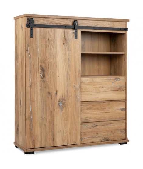 Buffet MANZANO - Décor Chene Flagstaff - 1 Porte coulissante + 3 tiroirs + 2 niches - L120 x H140 x P40 cm