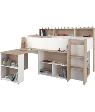 PARISOT Lit combiné enfant avec bureau rétractable - Décor blanc et chene - 90x 200 cm - Sommier inclus -THEO