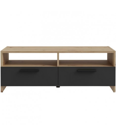 Meuble TV PILVI - Style contemporain - Décor Chene et Noir - 2 Abattants + 2 niches - L 95 x P 36 x H 34,5 cm