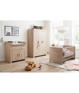 Chambre bébé Trio : Lit 70 x 140 cm + Commode a langer + Armoire AHOI - Chene - TREND TEAM