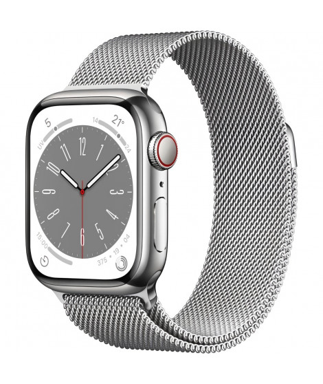 Apple Watch Series 8 GPS + Cellular - 41mm - Boîtier Silver Stainless Steel - Bracelet Silver Milanese Loop