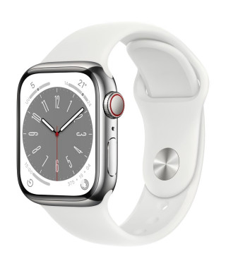 Apple Watch Series 8 GPS + Cellular - 41mm - Boîtier Silver Stainless Steel - Bracelet White Sport Band - Regular