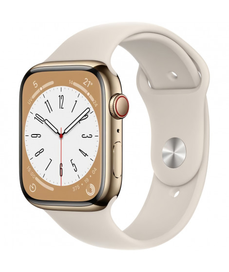Apple Watch Series 8 GPS + Cellular - 45mm - Boîtier Gold Stainless Steel - Bracelet Starlight Sport Band - Regular