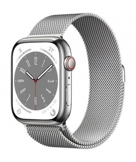 Apple Watch Series 8 GPS + Cellular - 45mm - Boîtier Silver Stainless Steel - Bracelet Silver Milanese Loop