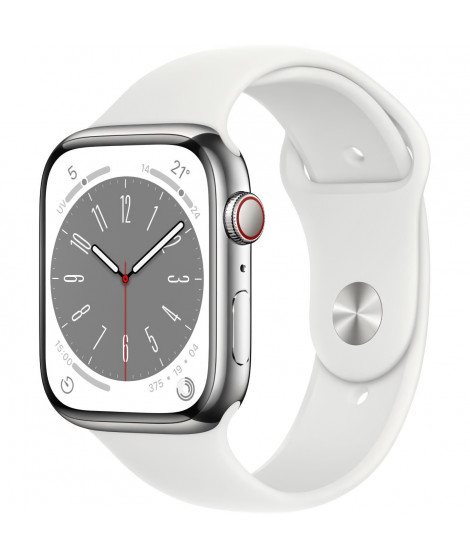 Apple Watch Series 8 GPS + Cellular - 45mm - Boîtier Silver Stainless Steel - Bracelet White Sport Band - Regular