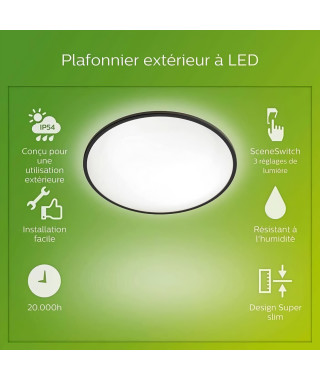 Plafonnier LED Philips SuperSlim 15W Noir IP54 pour extérieur