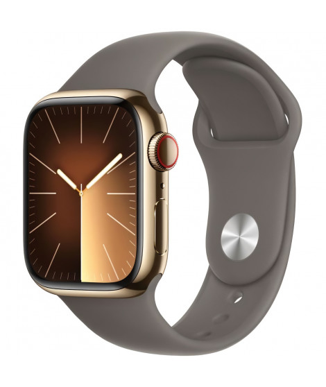 Apple Watch Series 9 GPS + Cellular - 41mm - Boîtier Acier Or - Bracelet Clay Sport Band - S/M