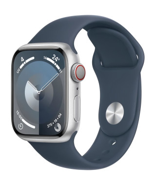 Apple Watch Series 9 GPS + Cellular - 41mm - Boîtier Silver Aluminium - Bracelet Storm Blue Sport Band - S/M