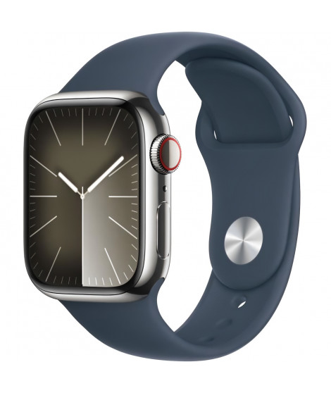 Apple Watch Series 9 GPS + Cellular - 41mm - Boîtier Acier Argent - Bracelet Storm Blue Sport Band - S/M