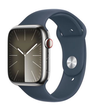 Apple Watch Series 9 GPS + Cellular - 45mm - Boîtier Acier Argent - Bracelet Storm Blue Sport Band - M/L