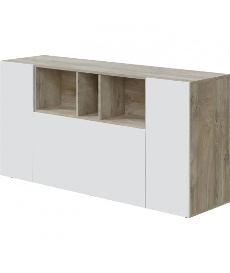 Buffet LOIRA - Mélaminé - Blanc artik et chene - 3 portes + 3 niches de rangement - L 150 x P 41 x H 76 cm