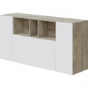Buffet LOIRA - Mélaminé - Blanc artik et chene - 3 portes + 3 niches de rangement - L 150 x P 41 x H 76 cm
