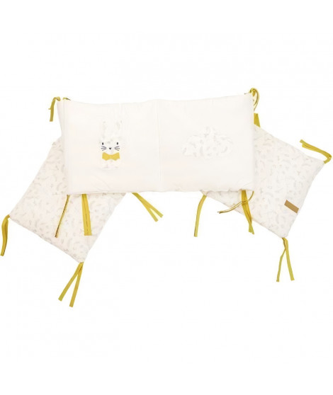 DOMIVA Tour de lit Leafy Bunny - Coton bio & Polyester recylclé - Adaptable lit 60*120 ou 70*140 - Blanc/Jaune - 30 x 180 cm